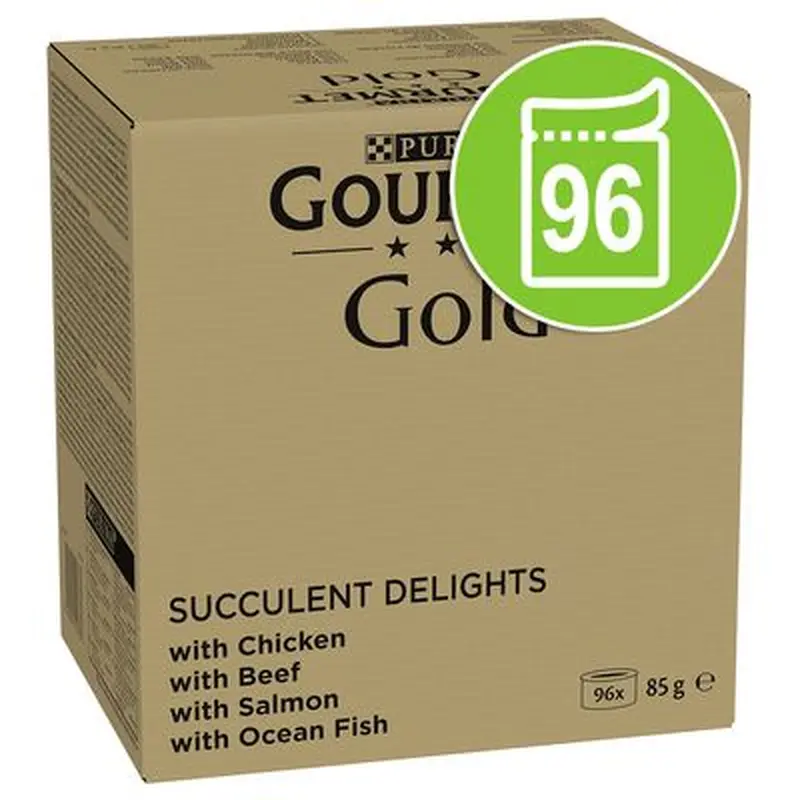 Gourmet Gold Succulent Delights Jumbo Pack 96 x 85g - Chicken, Ocean Fish, Beef, Salmon
