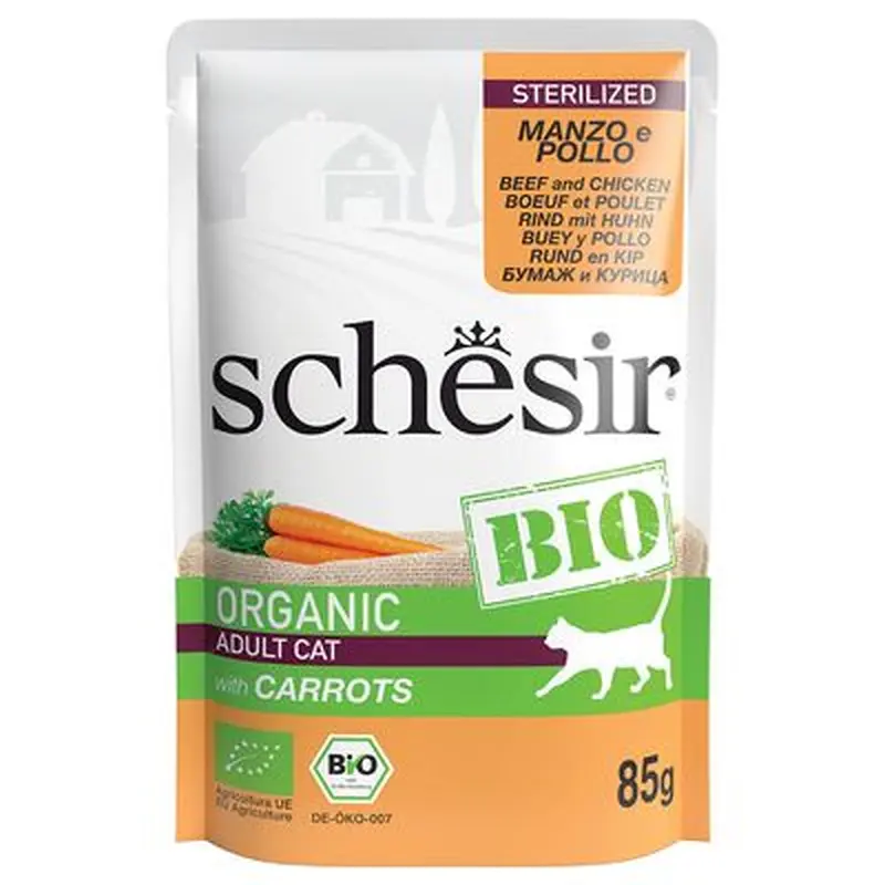 Schesir Bio Organic Pouch 8 x 85g - Organic Beef & Organic Chicken with Organic Apple