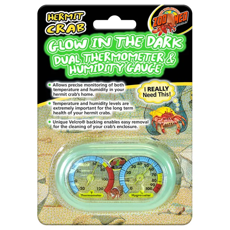 Zoo Med Hermit Crab Dual Thermometer & Humidity Gauge Glow in the Dark (D)