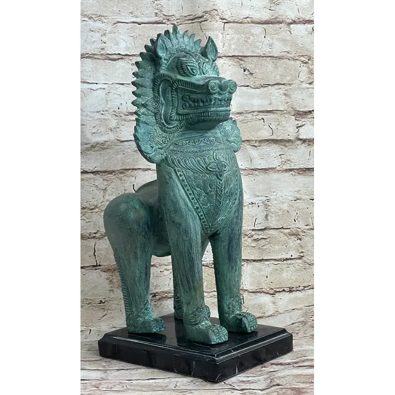 Chinese Foo Dog Guardian Lion Bronze Sculpture Statue Signed Handmade Art 13" x 6"