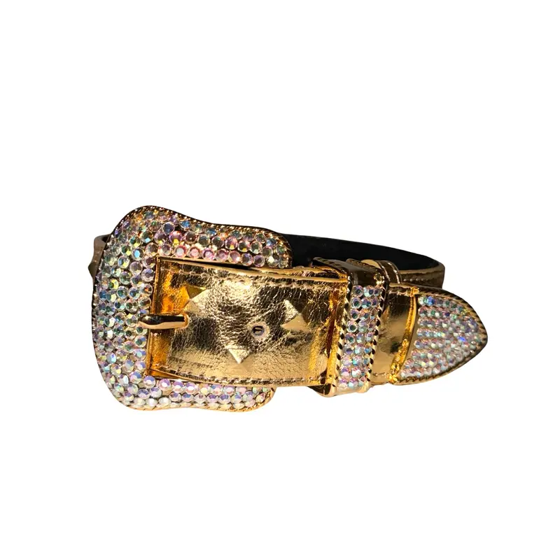 Glam Gold Embossed Studded Italian Leather With Our Custom Swarovski Crystal Buckle