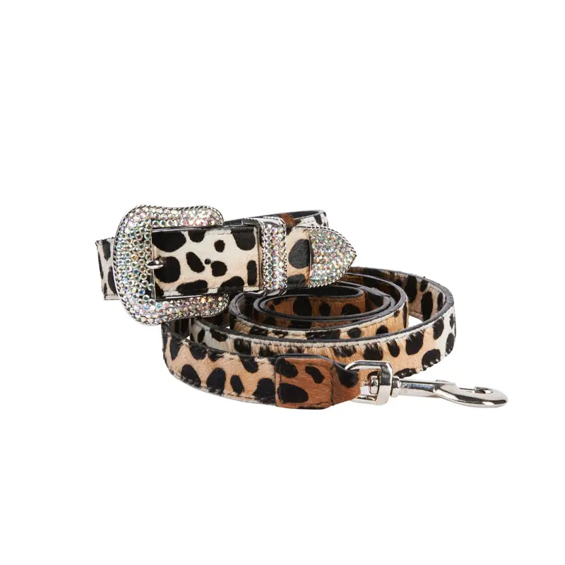 Animal Print Hair On Hide Italian Leather/Swarovski Crystal Collar & Leash Set