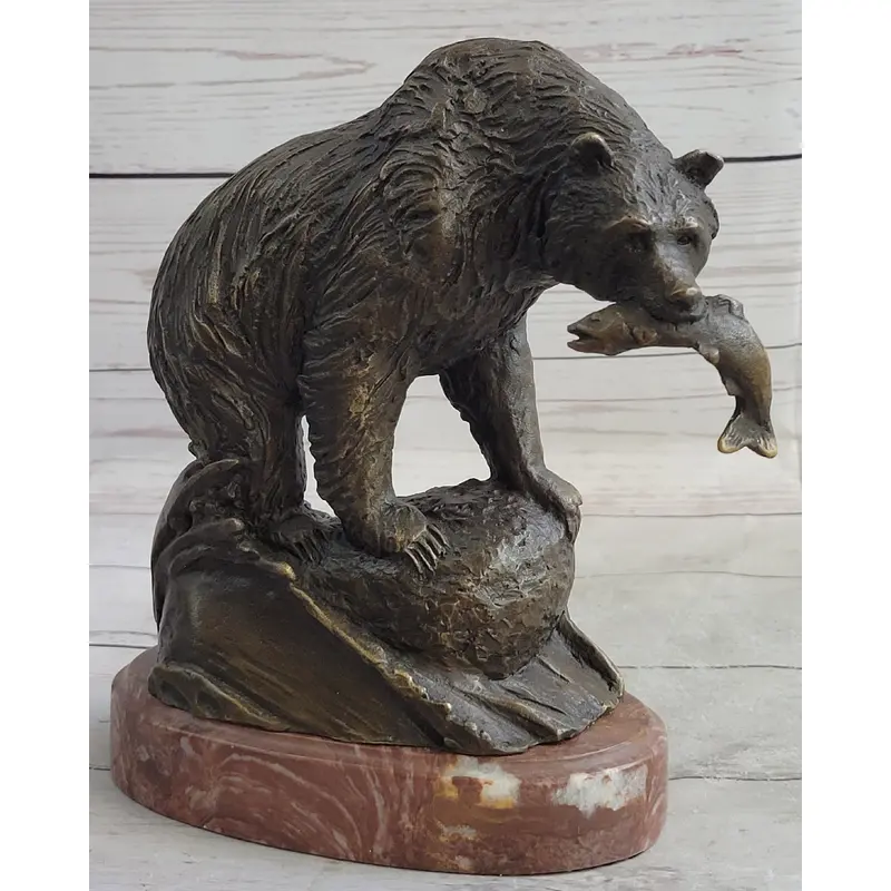Bear with Fish in Mouth Bronze Metal Sculpture Statue Wildlife Decor Art Marble Base