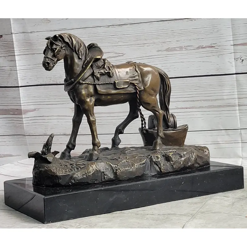 Working Draft Horse Bronze Sculpture Statue Figure Signed Art on Marble Base