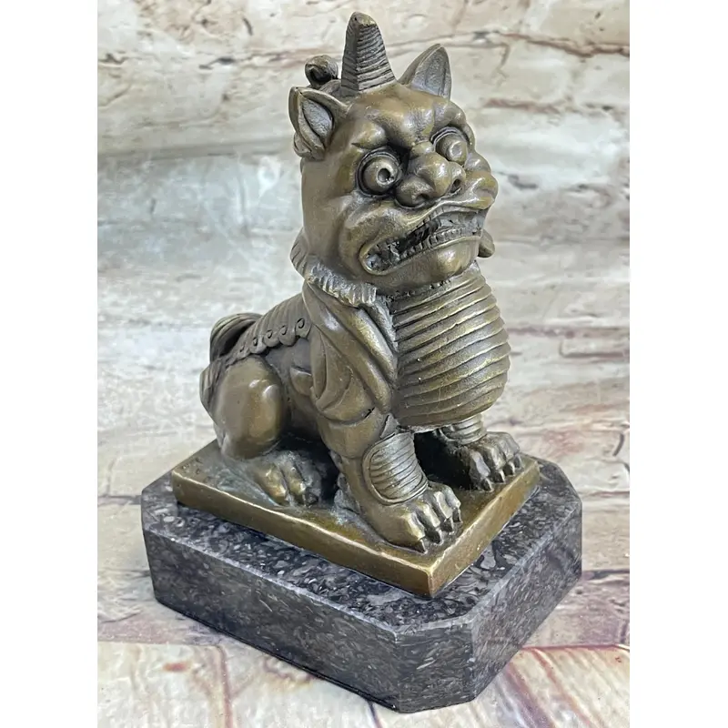 Chinese Foo Dog Guardian Lion Bronze Statue Sculpture Figure Marble Base 7.5" x 5"