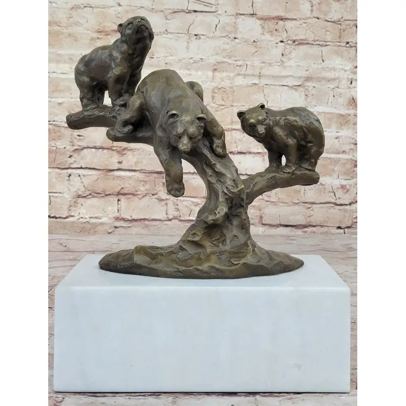Green Patina Bear Family on a tree stump Bronze Sculpture Statue Figurine
