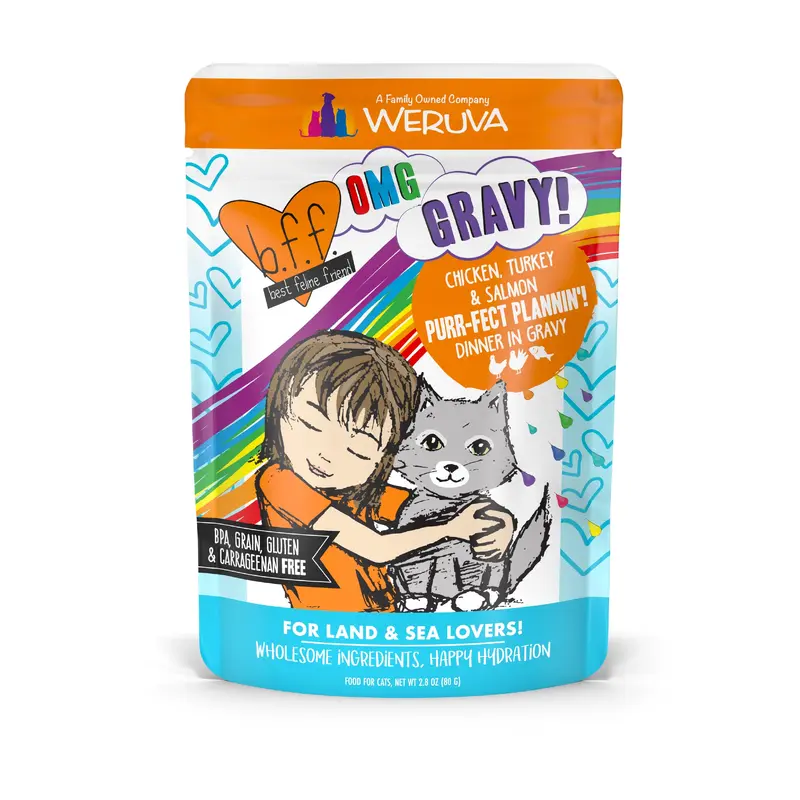 Weruva B.F.F. Oh My Gravy 2.8oz Pouch Cat food Purrfect Plannin Chicken Turkey Salmon