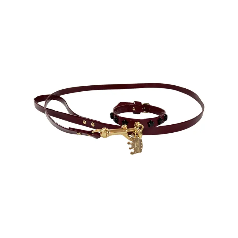 Fashion Collar and Plain Leash Set - Burgundy with Star Studs
