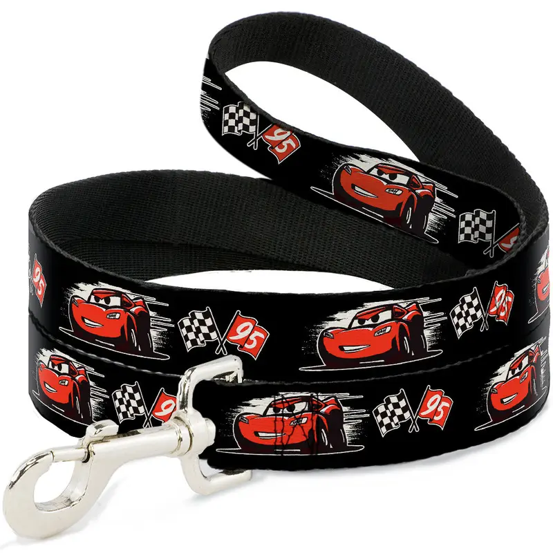 Dog Leash - Cars 3 Lightning McQueen Caricature/Race Flags Black/White/Red
