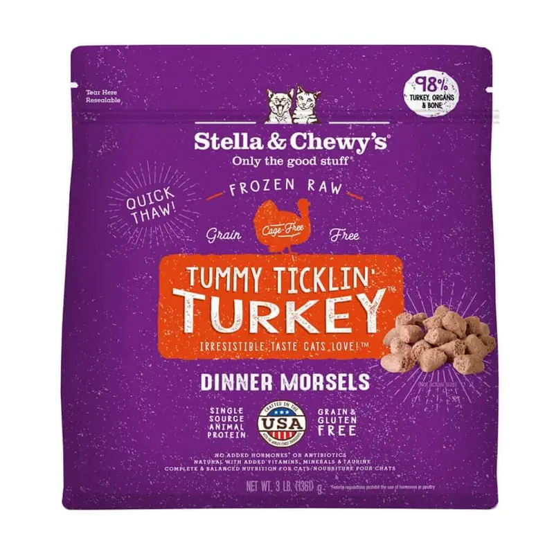 Stella & Chewy's Dinner Morsels Frozen Raw Cat Food - Tummy TickliN Turkey - 3lb Bag