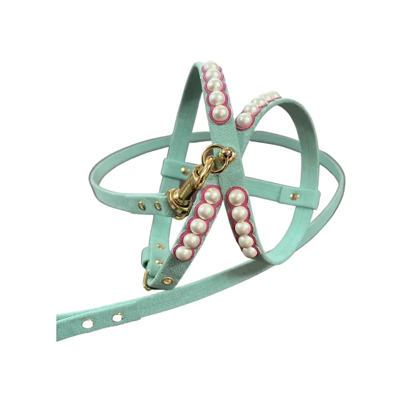 Fashion Dog Harness and Leash Set - Tiffany Blue with Pink and Pearls
