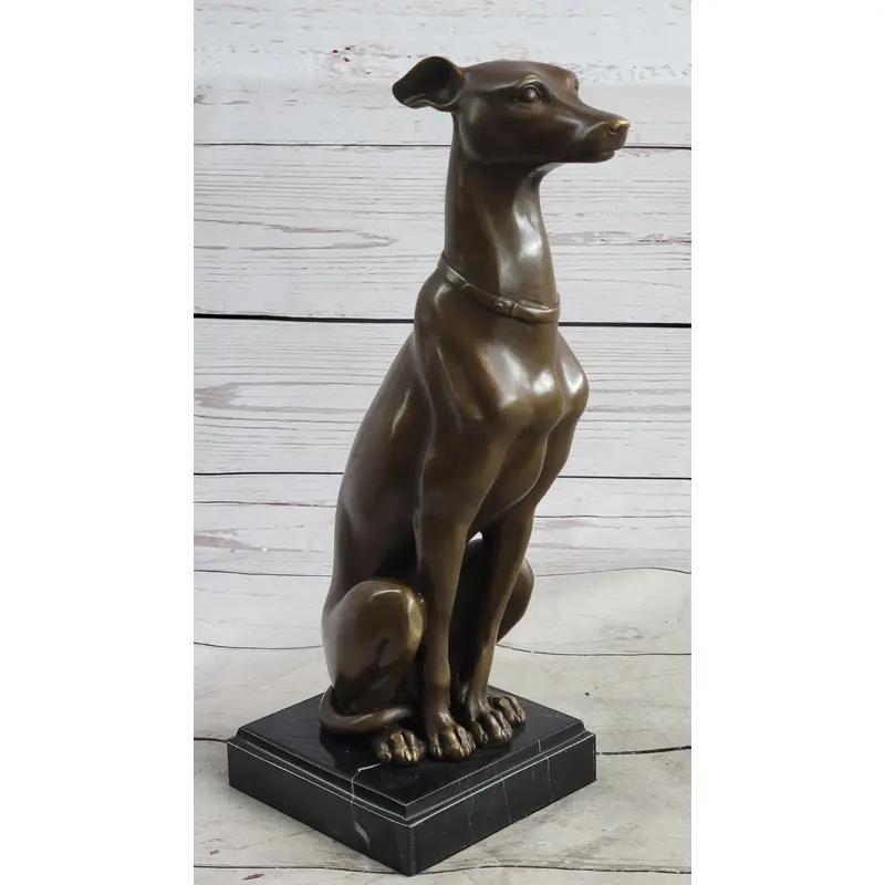 Greyhound Guardian Dog Bronze Metal Statue Sculpture Signed on Marble Base