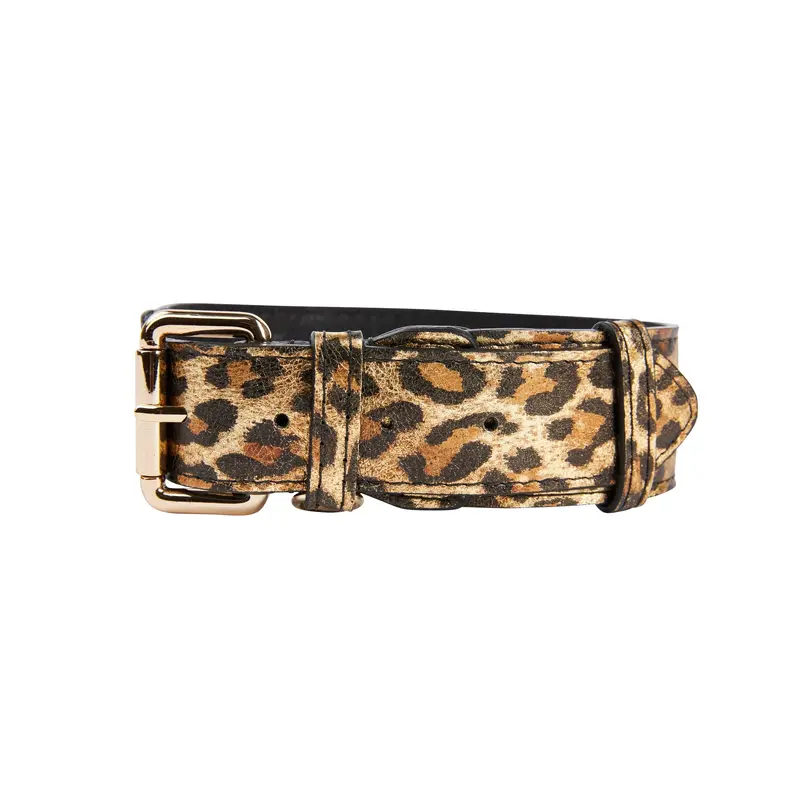 Leopard Print Italian Leather Collar With Gold Classic Hardware