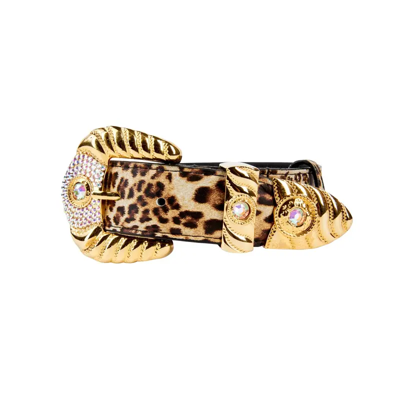Leopard Print Italian Leather Collar With Royal Swarovski Crystal Hardware