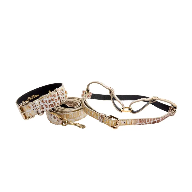 Silver/Bronze/Gold Italian Leather Embossed Croc Classic Collar, Leash & Harness Set