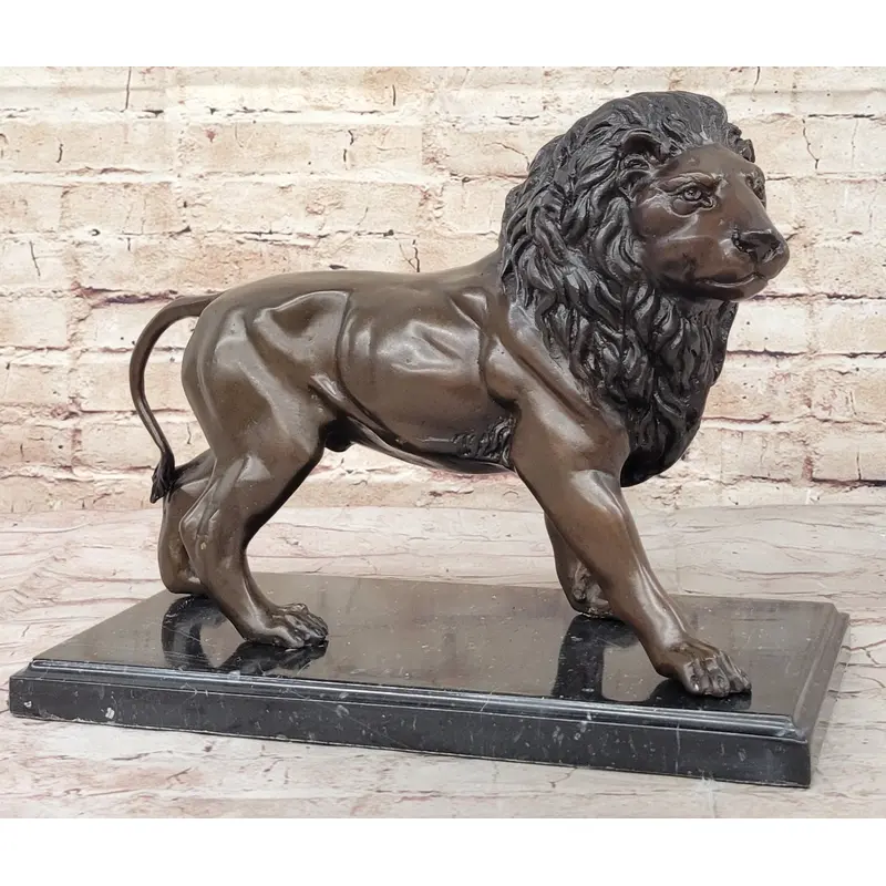 J. Moigniez Bronze Guardian Lion Statue Sculpture Figure on Marble Base 11" x 14"