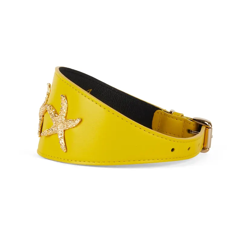 Smooth Yellow Italian Leather 3 Wide Style Collar With Custom Gold Starfish