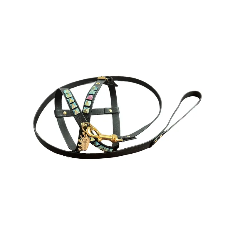Fashion Dog Harness and Plain Leash Set - Black with Metallic Studs