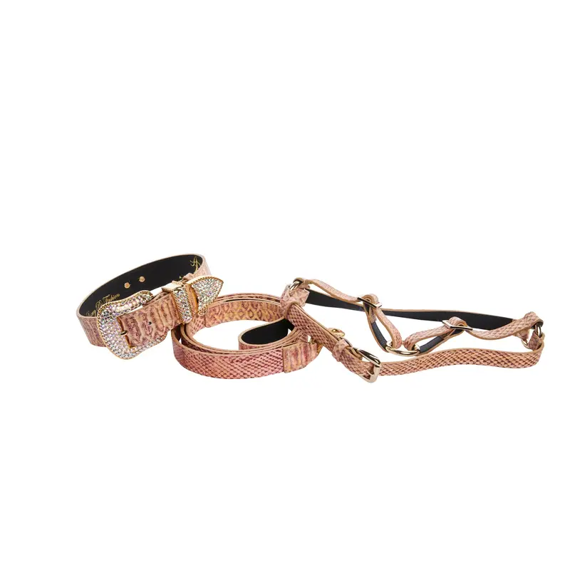 Embossed Snake Italian Leather/Swarovski Crystal Buckle Collar, Leash, Harness Set
