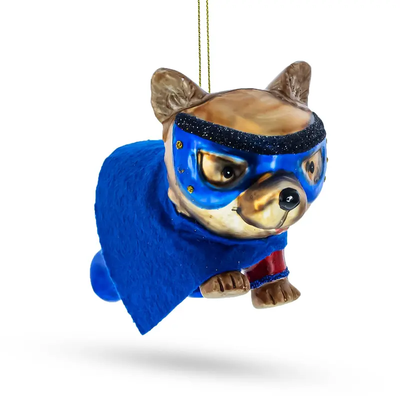 Super Dog in Mask Walking Blown Glass Christmas Ornament
