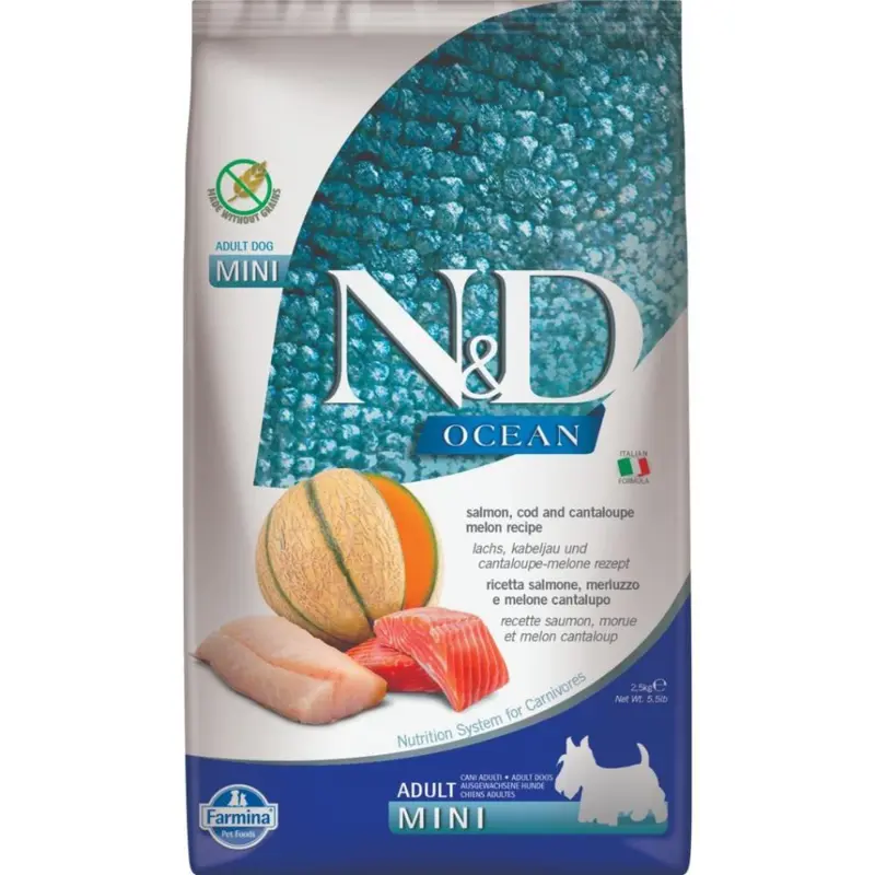 Farmina N&D Ocean Grain Free Mini Dry Dog Food  Salmon, Cod, & Cantaloupe - 5.5lb Bag
