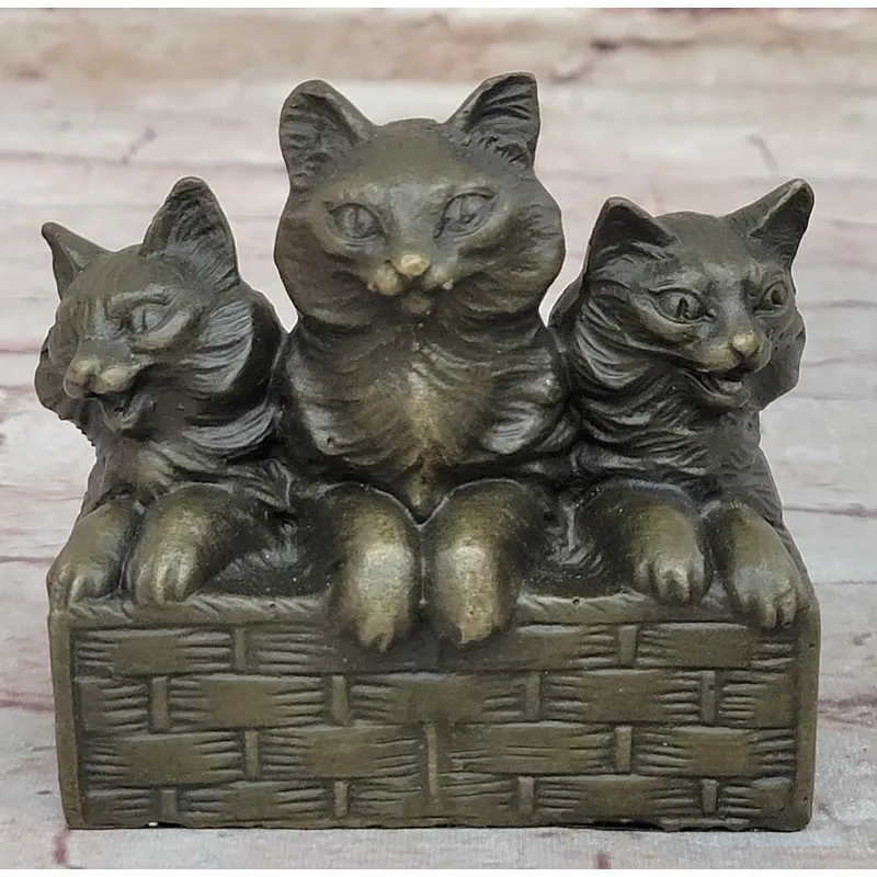 Three Cute Kittens Cats in a Flower Box - Bronze Sculpture Original Art by Milo