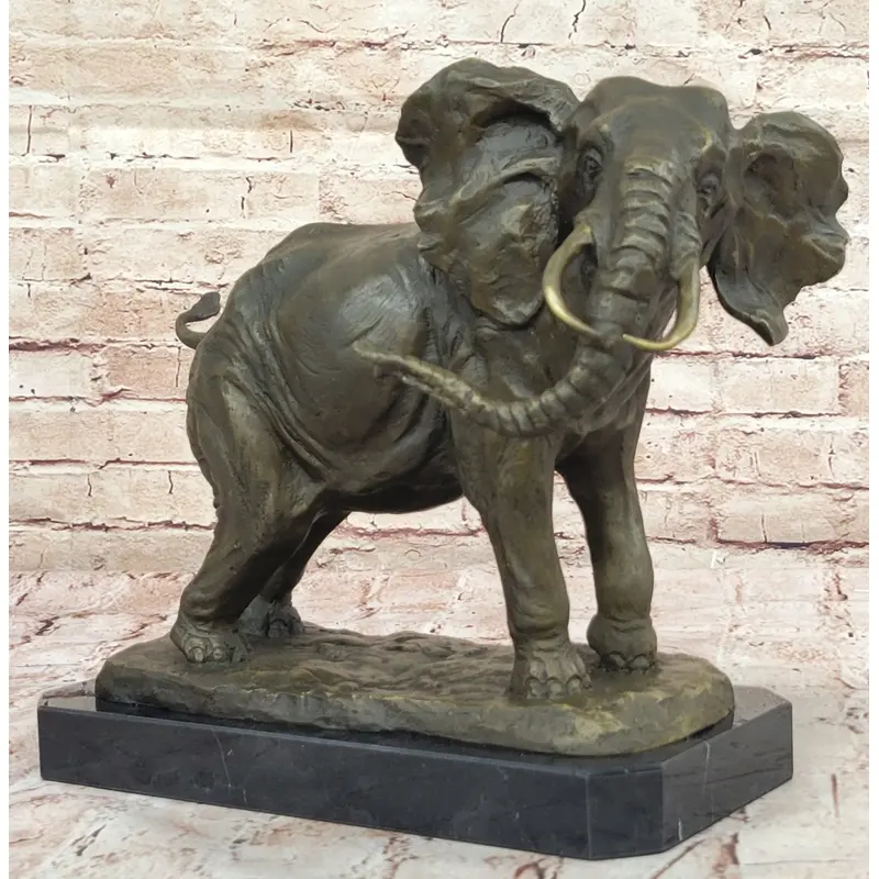 African Elephant Bronze Sculpture   Lifelike Safari Artwork on Marble Base